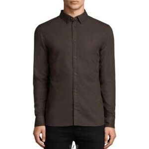 All Saints Mens Redondo Slim Fit Button Down In Khaki Brown. Size M